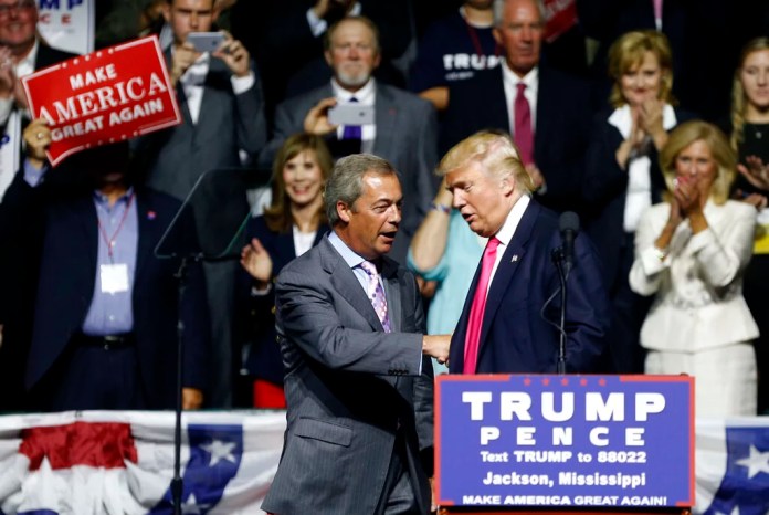 Farage shakes hands with Trump during the president's first successful presidential campaign in 2016