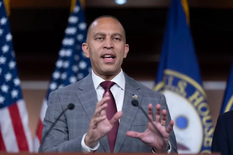 House Minority Leader Hakeem Jeffries (D-NY) meets with reporters after President-elect Donald Trump abruptly rejected a bipartisan plan to prevent a Christmas government shutdown at the Capitol in Washington, Thursday, Dec. 19, 2024.