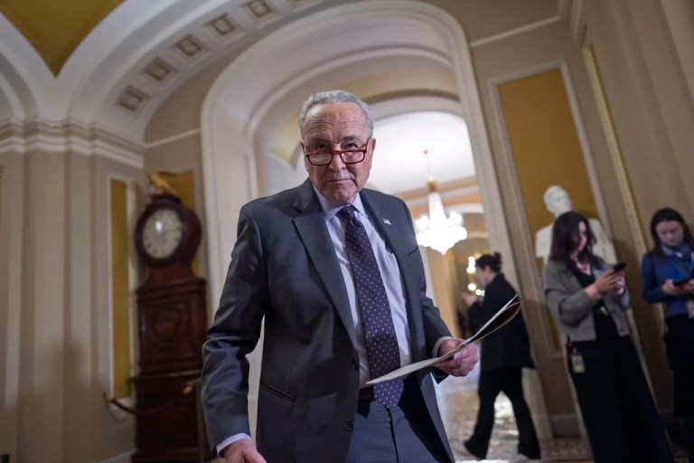 Senate Minority Leader Chuck Schumer (D-NY) pauses during a weekly news conference at the Capitol in Washington, Tuesday, Jan. 14, 2025.