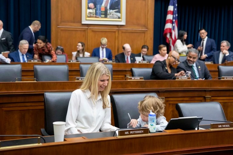 Rep. Brittany Pettersen, D-Colo., and her three-year-old son Davis Silverii, attend the House Financial Services Committee hearing regarding the state of the international financial system at the Capitol in Washington, Tuesday, June 13, 2023. (AP Photo/Amanda Andrade-Rhoades)