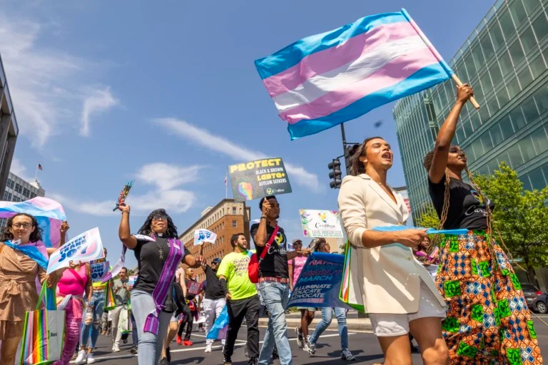 Transgender activists and allies take to the streets of Washington, D.C., during the National Trans Visibility March on Saturday, Aug. 24, 2024.