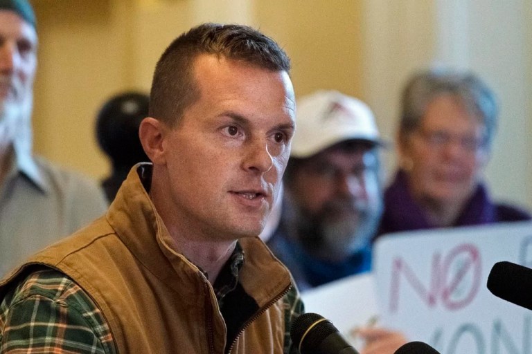 Rep. Jared Golden (D-ME) speaks at a news conference, Nov. 1, 2022, at the Statehouse in Augusta, Maine.
