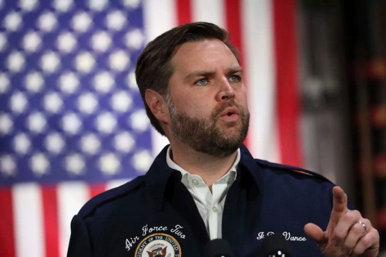 Vice President JD Vance speaks at the East Palestine Fire Department during a visit to East Palestine, Ohio, Monday, Feb. 3, 2025.