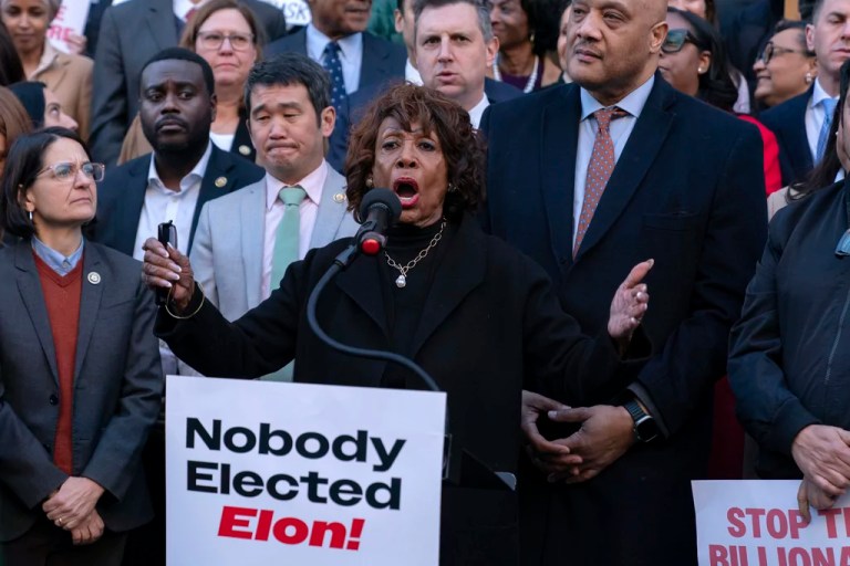 Rep. Maxine Waters (D-CA), accompanied by other members of Congress, speaks during a rally against Elon Musk outside the Treasury Department in Washington, Tuesday, Feb. 4, 2025.
