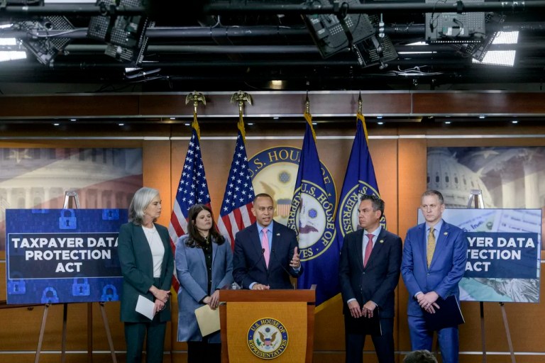 House Minority Leader Hakeem Jeffries (D-NY), center, is joined by House Minority Whip Katherine Clark (D-MA), from left, Rep. Haley Stevens (D-MI), Democratic Caucus Chair Pete Aguilar (D-CA), and Rep. Sean Casten (D-IL) during a press conference regarding the Taxpayer Date Protection Act, on Capitol Hill, Thursday, Feb. 6, 2025, in Washington.