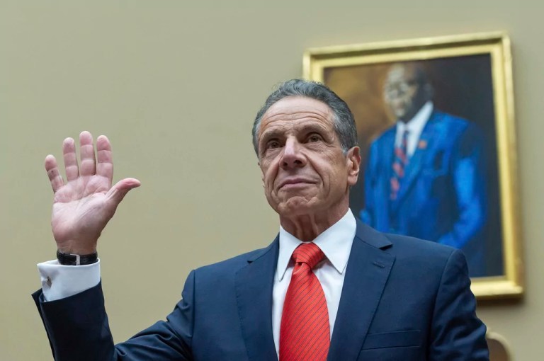 Former New York Gov. Andrew Cuomo is sworn in before testifying at the House Oversight Select Subcommittee's hearing on the Coronavirus Pandemic on Capitol Hill in Washington, Tuesday, Sept. 10, 2024.