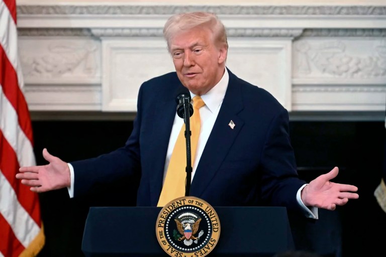 President Donald Trump speaks at the Governors Working Session in the State Dining Room of the White House in Washington, Friday, Feb. 21, 2025.