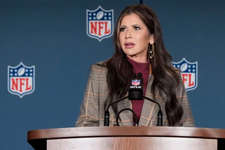 Secretary of Homeland Security Kristi Noem speaks during a news conference Monday, Feb. 3, 2025, about security for the upcoming Super Bowl to be played Sunday, Feb. 9th, in New Orleans.