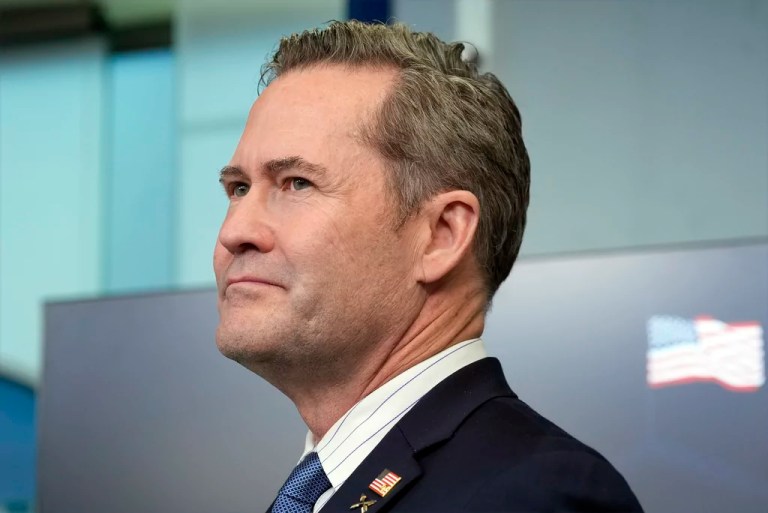White House national security adviser Mike Waltz listens during the daily briefing with White House press secretary Karoline Leavitt in the James Brady Press Briefing Room at the White House, Thursday, Feb. 20, 2025