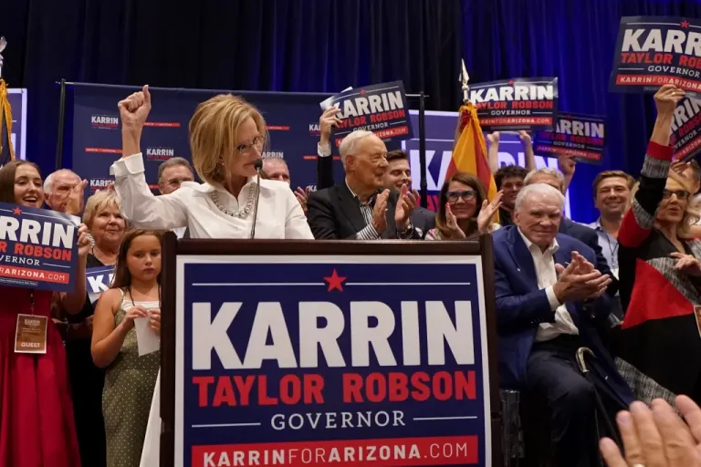 Republican Arizona Gubernatorial candidate Karrin Taylor Robson speaks to supporters at a campaign party, Tuesday, Aug. 2, 2022, in Phoenix. (AP Photo/Matt York)