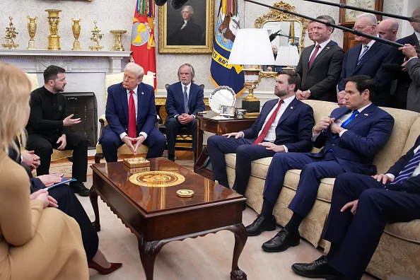 U.S. President Donald Trump and Ukrainian President Volodymyr Zelensky meet in the Oval Office at the White House on February 28, 2025 in Washington, DC. Trump and Zelensky are meeting today to sign a preliminary agreement on sharing Ukraine’s mineral resources that Trump says will allow America to recoup aid provided to Kyiv while supporting Ukraine’s economy. Vice President JD Vance and Secretary of State Marco Rubio also attended the meeting.