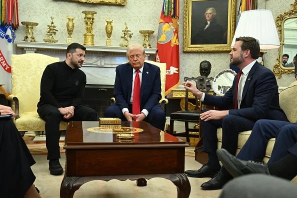 US President Donald Trump and Ukraine's President Volodymyr Zelensky listen to Vice President JD Vance (R) as they meet in the Oval Office of the White House in Washington, DC, February 28, 2025. Zelensky on February 28 told Trump there should be 