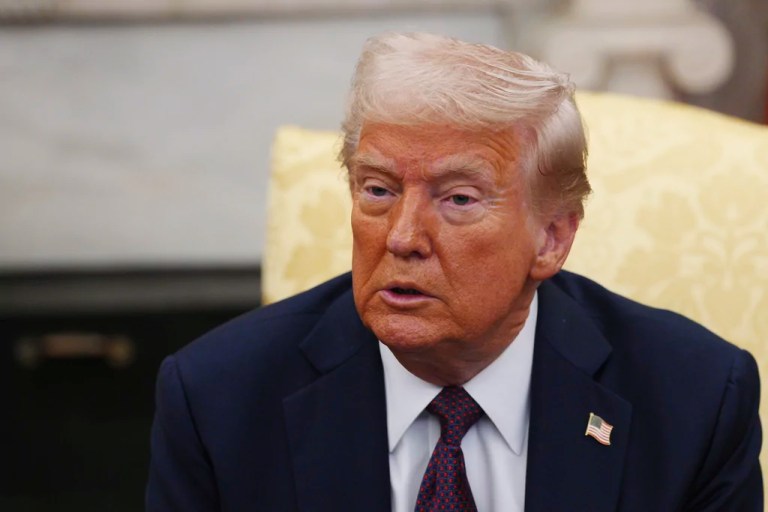 President Donald Trump talks during a meeting with British Prime Minister Keir Starmer, at the White House, Thursday, Feb. 27, 2025, in Washington.