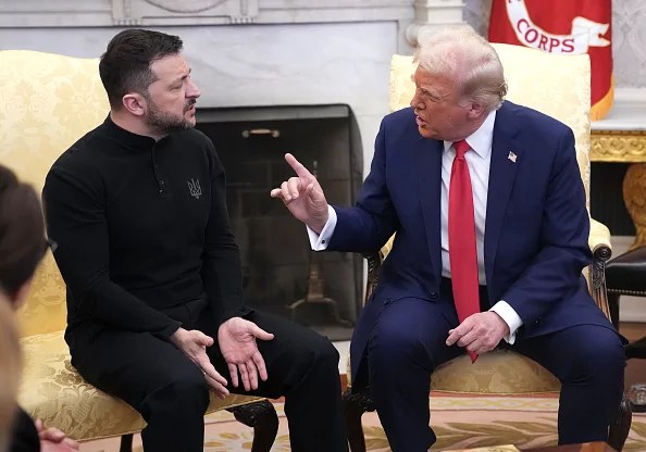 U.S. President Donald Trump and Ukrainian President Volodymyr Zelensky meet in the Oval Office at the White House on February 28, 2025 in Washington, DC. Trump and Zelensky are meeting today to negotiate a preliminary agreement on sharing Ukraine’s mineral resources that Trump says will allow America to recoup aid provided to Kyiv while supporting Ukraine’s economy.