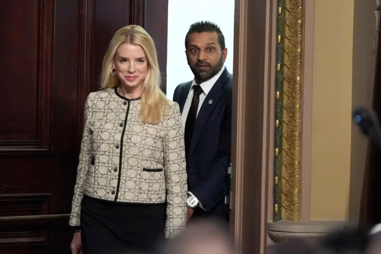 Attorney General Pam Bondi, left, arrives at a swearing-in ceremony for Kash Patel, President Donald Trump's new director of the FBI, Friday, Feb. 21, 2025, in the Indian Treaty Room at the Eisenhower Executive Office Building on the White House campus in Washington, D.C.