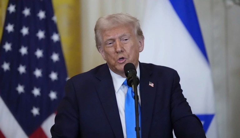 President Donald Trump speaks during a news conference with Israeli Prime Minister Benjamin Netanyahu in the East Room of the White House, Tuesday, Feb. 4, 2025, in Washington.
