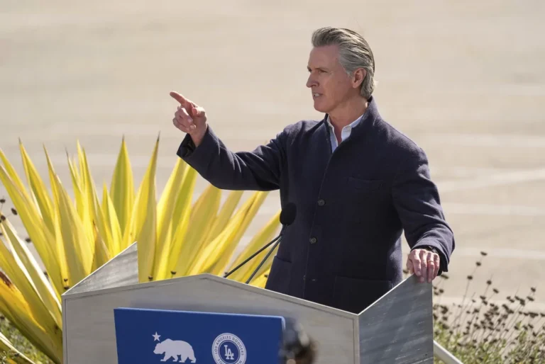 Gov. Gavin Newsom (D-CA) holds a news conference at Dodger Stadium in Los Angeles, Tuesday, Jan. 28, 2025.