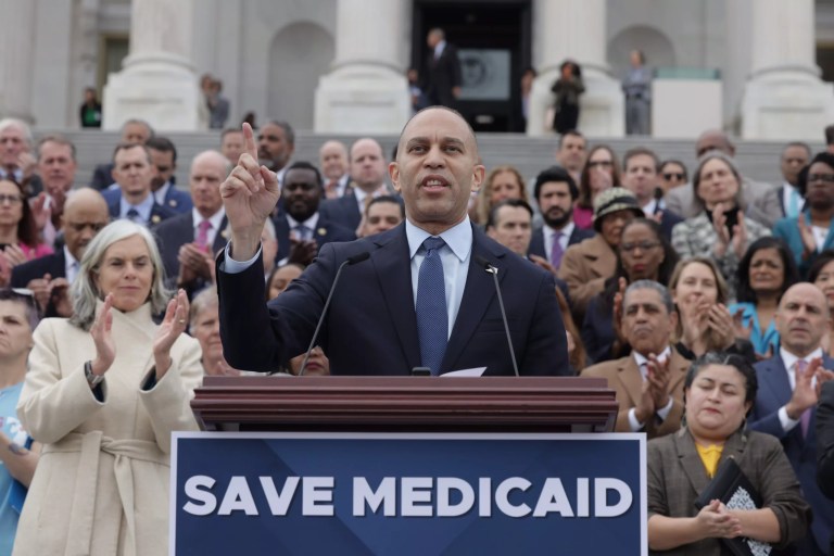 House Minority Leader Hakeem Jeffries speaks at House Democrat's Medicaid Press Conference. (Graeme Jennings/Washington Examiner)