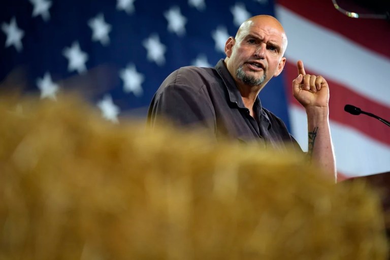 Sen. John Fetterman, D-Pa., speaks ahead of Democratic vice presidential candidate Minnesota Gov. Tim Walz during a campaign event in York, Pa., Wednesday, Oct. 2, 2024.
