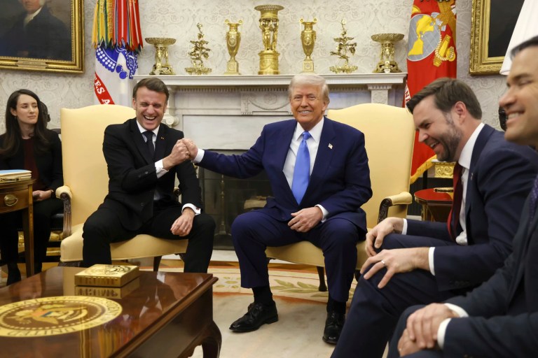 Trump and Macron reprise awkward handshakes during White House visit