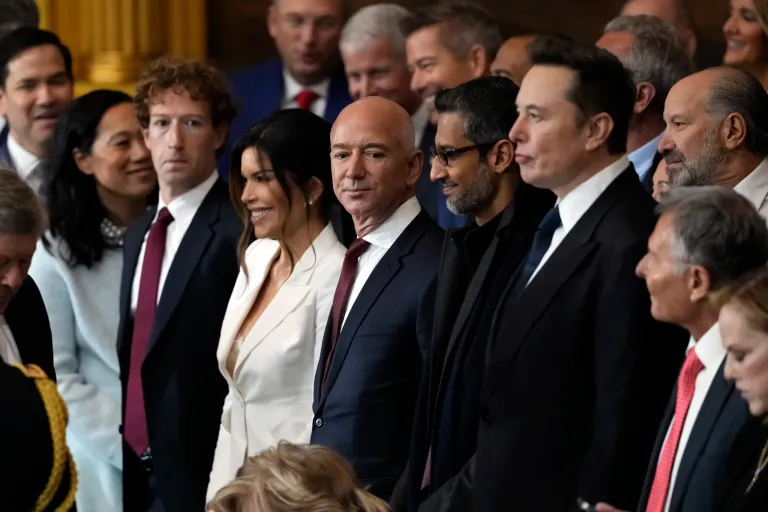 Guests including Mark Zuckerberg, Jeff Bezos, Sundar Pichai, and Elon Musk arrive before the 60th Presidential Inauguration in the Capitol Rotunda in Washington, Monday, Jan. 20, 2025.