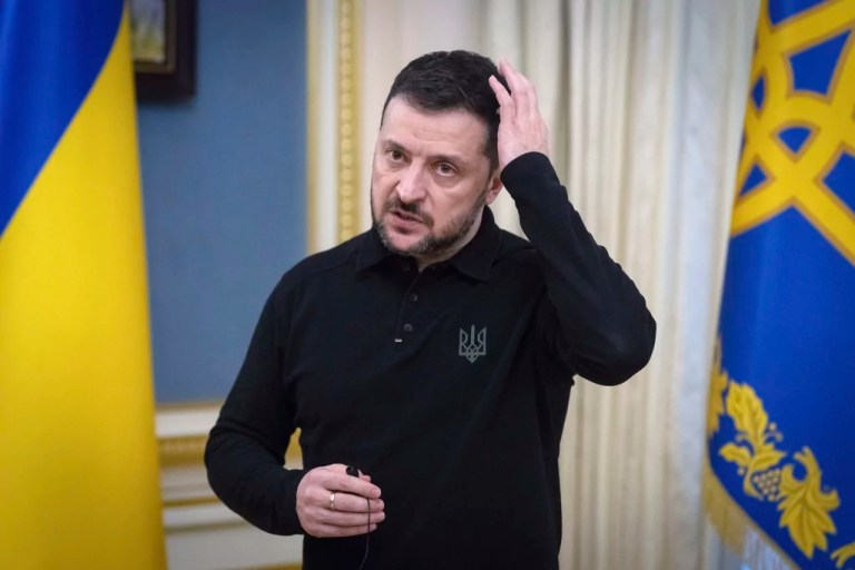 Ukrainian President Volodymyr Zelenskyy speaks during his briefing in Kyiv, Ukraine, Wednesday, Feb. 5, 2025. (AP Photo/Efrem Lukatsky, File)