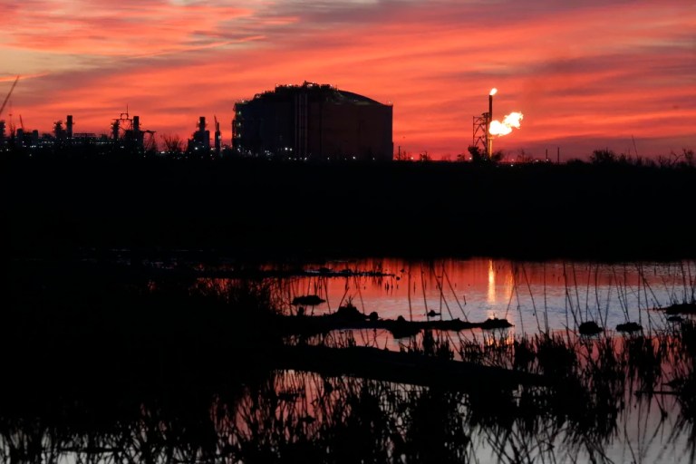 A flare burns at Venture Global LNG in Cameron, Louisiana, April 21, 2022.