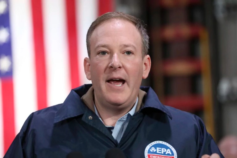 FILE - EPA Administrator Lee Zeldin speaks at the East Palestine Fire Department in East Palestine, Ohio, Feb. 3, 2025.