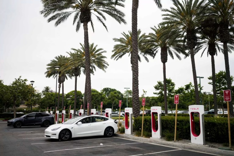 Tesla electric vehicles are charged at a station in Anaheim, California, Friday, June 9, 2023.