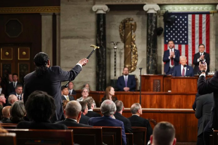 Rep. Al Green (D-TX) shouts as President Donald Trump addresses a joint session of Congress at the Capitol in Washington, Tuesday, March 4, 2025. (Win McNamee/Pool Photo via AP)