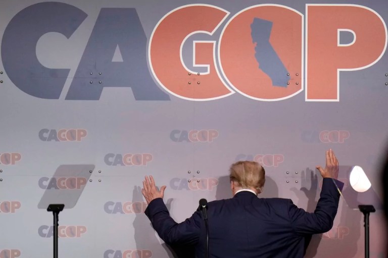 President Donald Trump speaks at the California Republican Party Convention Friday, Sept. 29, 2023, in Anaheim, California.