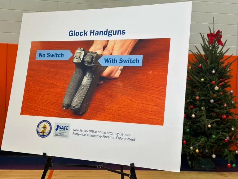 New Jersey Attorney General Matt Platkin's office displays a photo of a so-called Glock switch in Newark, N.J. on Thursday, Dec. 12, 2024.