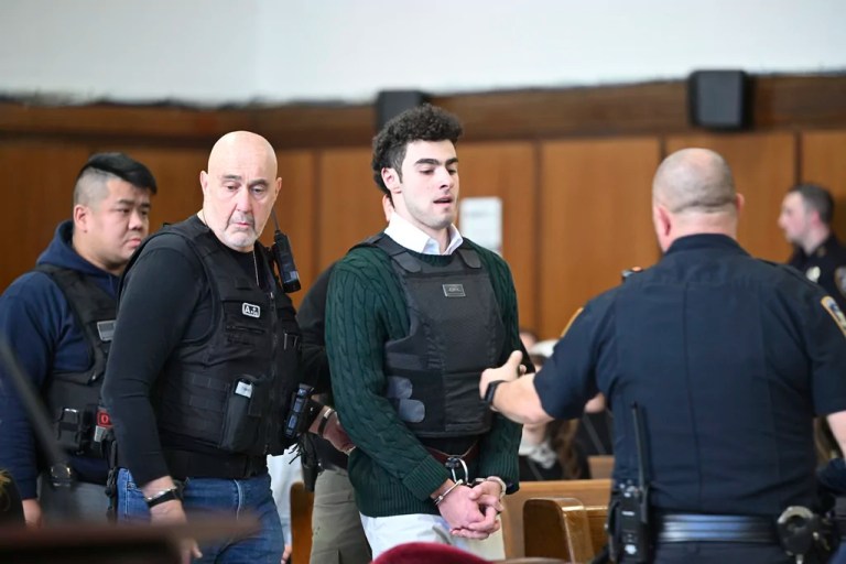 Luigi Mangione, accused of fatally shooting Brian Thompson, the CEO of UnitedHealthcare, appears in Manhattan state court in New York, Friday, Feb. 21, 2025.