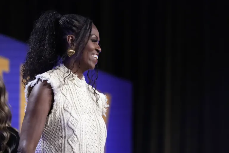 Former first lady Michelle Obama arrives to speak, Tuesday, Oct. 29, 2024, in College Park, Ga. (AP Photo/Brynn Anderson)
