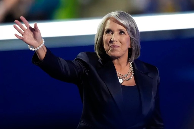 Gov. Michelle Lujan Grisham (D-NM) waves during the Democratic National Convention on Tuesday, Aug. 20, 2024, in Chicago.
