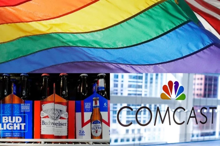 An LGBT pride flag, top, several beer brands from Anheuser-Busch, bottom left, and the Comcast logo, bottom right.