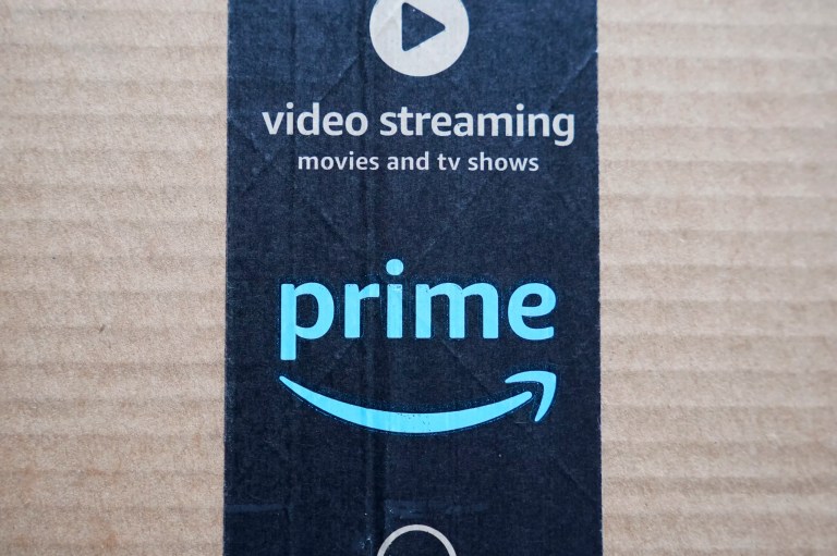 An Amazon Prime cardboard shipping box label is seen on March 17, 2023, in East Derry, New Hampshire. Amazon Prime Day is here. And experts are reminding consumers to be wary of scams.