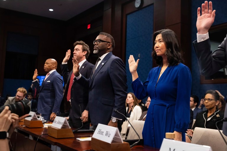 New York City Mayor Eric Adams, Denver Mayor Mike Johnston, Chicago Mayor Brandon Johnson, and Boston Mayor Michelle Wu are sworn in to testify before the House Oversight and Accountability Committee during a hearing on sanctuary cities on Capitol Hill, March 5, 2025.