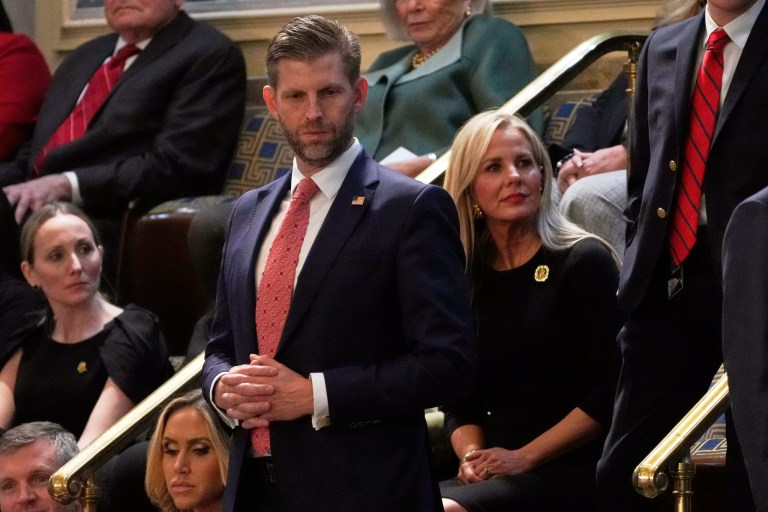 Eric Trump arrives before President Donald Trump addresses a joint session of Congress in the House chamber at the U.S. Capitol in Washington, Tuesday, March 4, 2025.