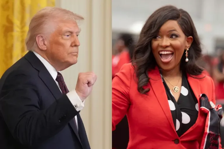 President Donald Trump, left, and Rep. Jasmine Crockett (D-TX), right.