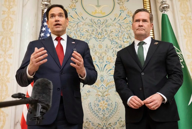 Secretary of State Marco Rubio, left, and national security advisor Mike Waltz speak with the media following meetings with a Ukrainian delegation in Jeddah, Saudi Arabia, March 11, 2025.