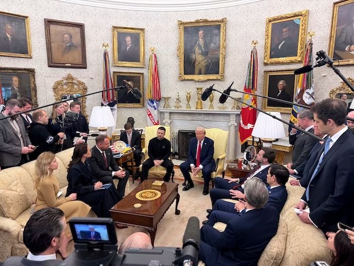 President Donald Trump meets with Ukraine President Volodymyr Zelensky in the Oval Office at the White House in Washington, Friday, Feb. 28, 2025.