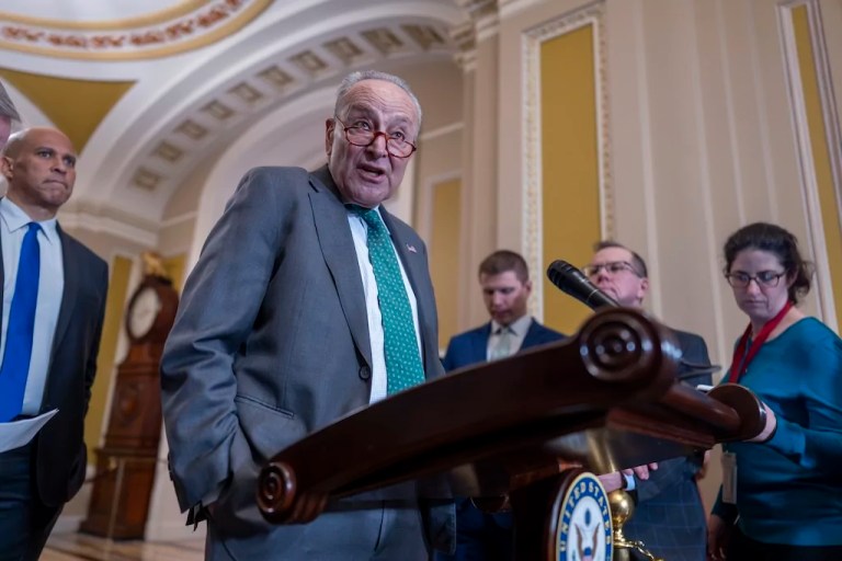 Senate Minority Leader Chuck Schumer (D-NY) speaks with reporters as Republicans work to pass an interim spending bill that would avoid a partial government shutdown and keep federal agencies funded through September at the Capitol in Washington, Tuesday, March 11, 2025.
