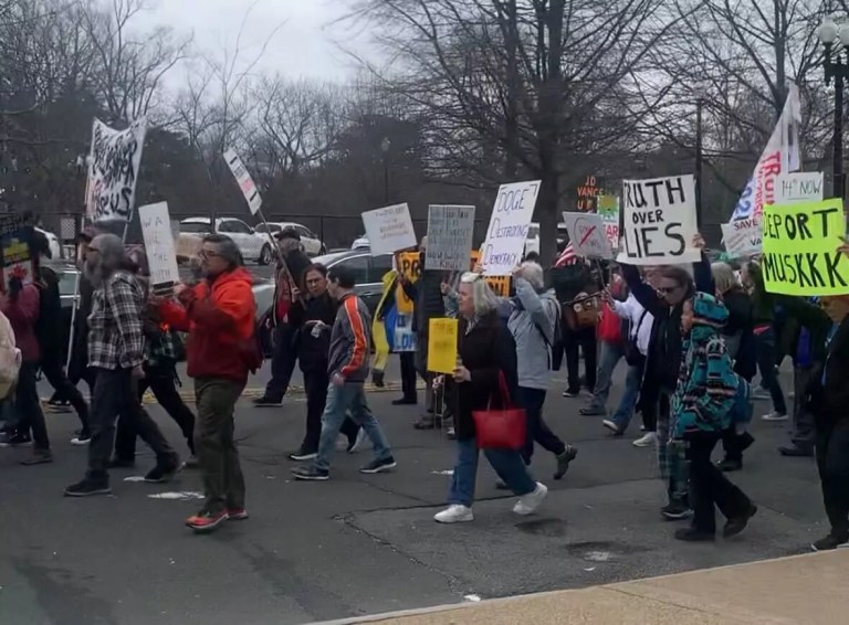 Footage from the Media March protest against Fox News in Washington, D.C.