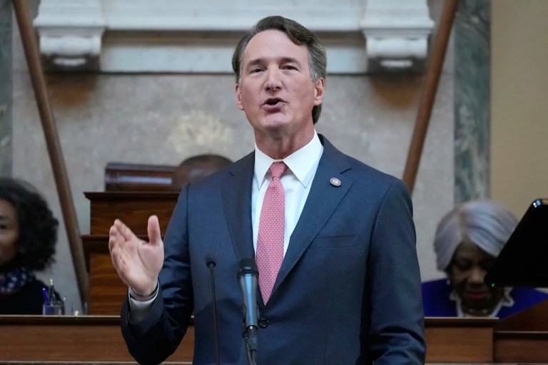 Gov. Glenn Youngkin (R-VA) gestures as he delivers his annual State of the Commonwealth address before a joint session of the Virginia General Assembly at the Capitol, Jan. 13, 2025 in Richmond.