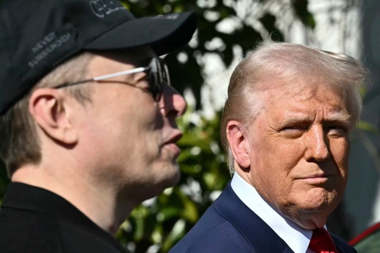 President Donald Trump and Tesla CEO Elon Musk talk with reporters near Tesla vehicles on the South Lawn of the White House, Tuesday, March 11, 2025, in Washington.