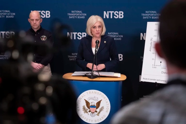 National Transportation Safety Board Chairwoman Jennifer Homendy, accompanied by investigator in charge Brice Banning, left, speaks about the recent midair collision between an American Airlines flight and a Black Hawk helicopter near Ronald Reagan Washington National Airport at a news conference in Washington, D.C., March 11, 2025.