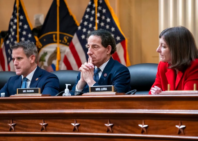 From left, Rep. Adam Kinzinger, R-Ill., Rep. Jamie Raskin, D-Md., and Rep. Elaine Luria, D-Va., listen to testimony as the House select committee investigating the Jan. 6 attack on the U.S. Capitol holds its first public hearing to reveal the findings of a year-long investigation, at the Capitol in Washington, Thursday, June 9, 2022. (AP Photo/J. Scott Applewhite)