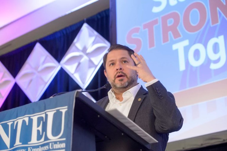 Sen. Ruben Gallego (D-AZ) speaks during the opening session of the National Treasury Employees Union Legislative Conference at the Hilton Washington DC National Mall The Wharf, Tuesday, March 4, 2025.
