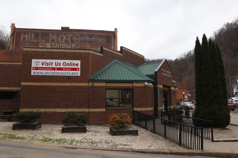 A sign outside the Social Security Administration advertises its online services in downtown Welch, West Virginia, Thursday, March 20, 2025.